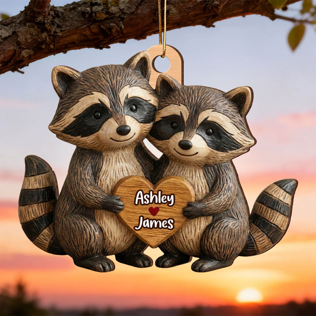 3D Effect Animal Couple Heart - Personalized Wooden Ornament - Gift For Him, Gift For Her