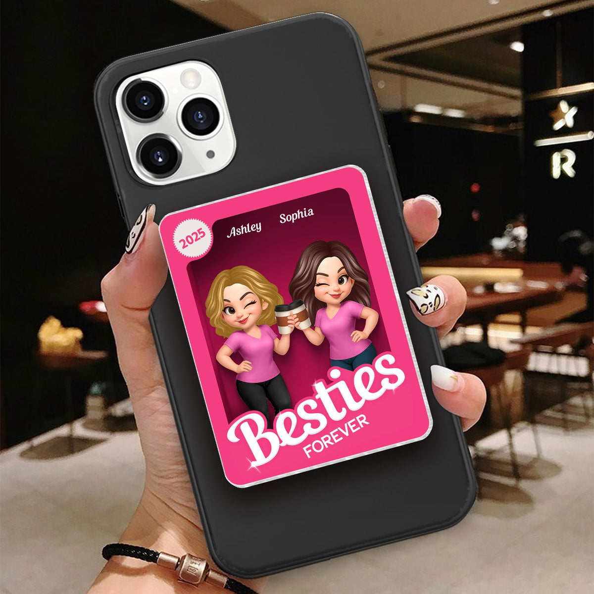 Besties Forever Pink 3D Effect Action Figure – Personalized Acrylic Magnetic Phone Grip – Gift for Best Friends, Matching Phone Grips