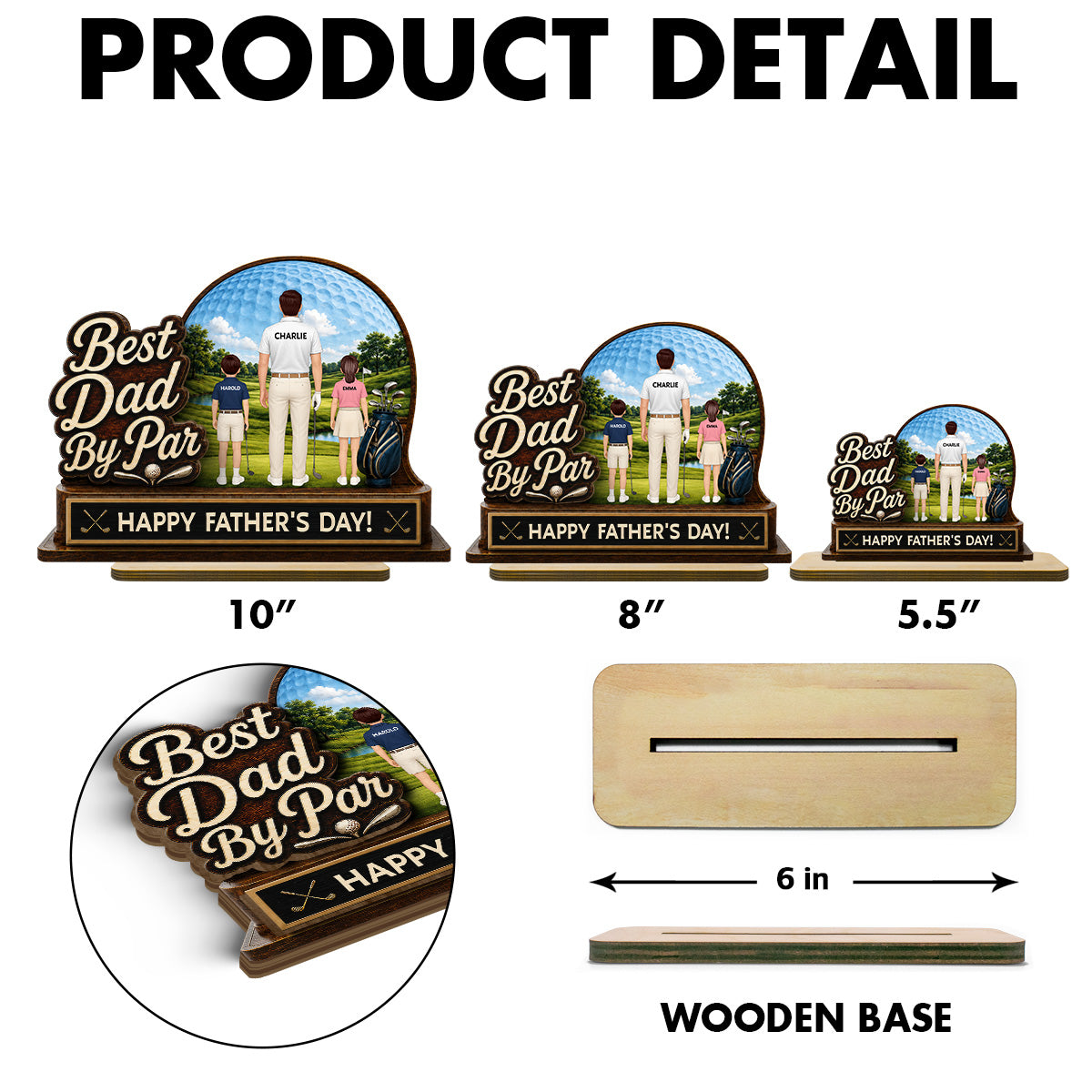 Best Dad By Par Custom Man & Kids Back View - Personalized 2-Layered Wooden Plaque -  Gift For Golf Dad