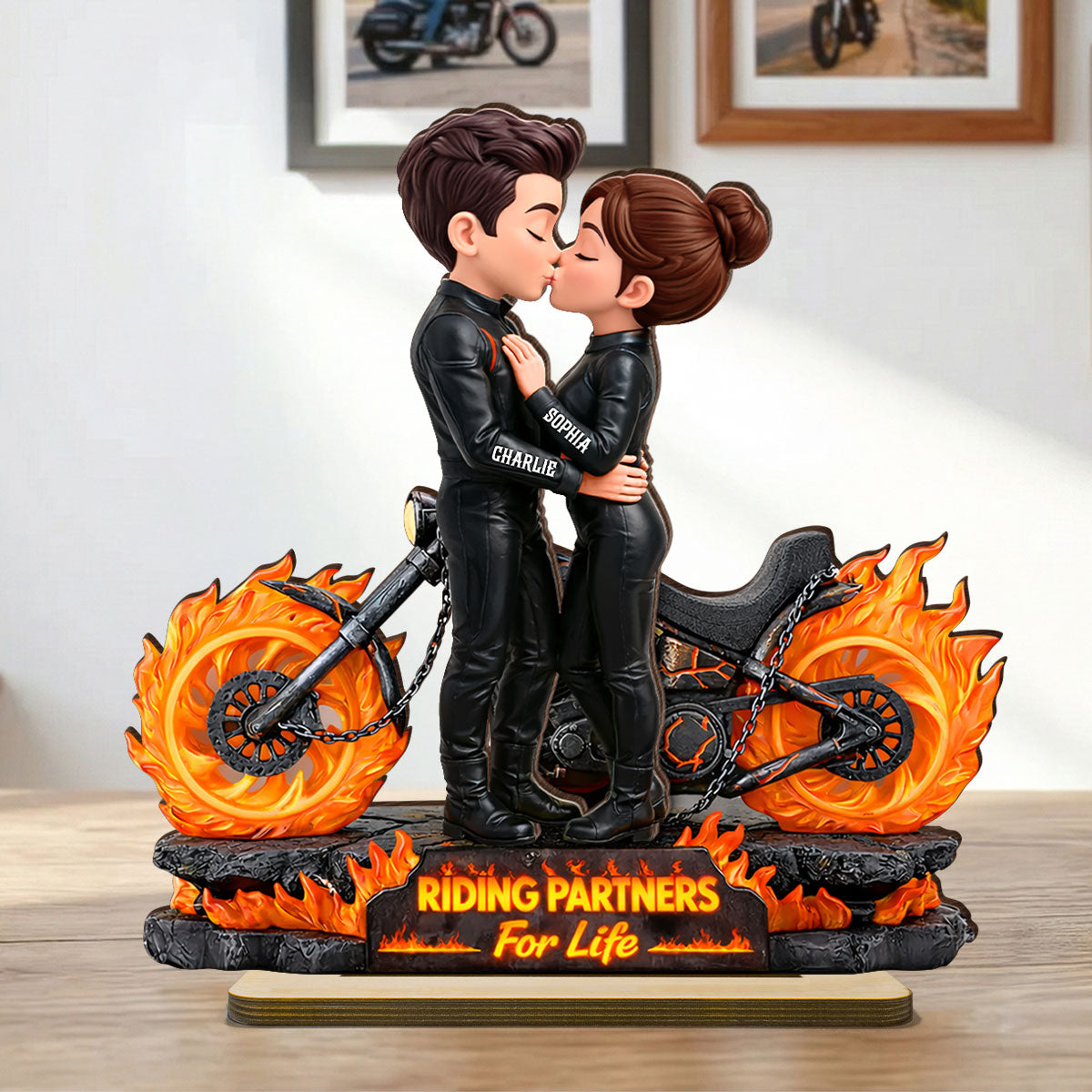 Biker Couple Fire - Personalized 2-Layered Wooden Plaque - Sentimental Gift for Her, for Him
