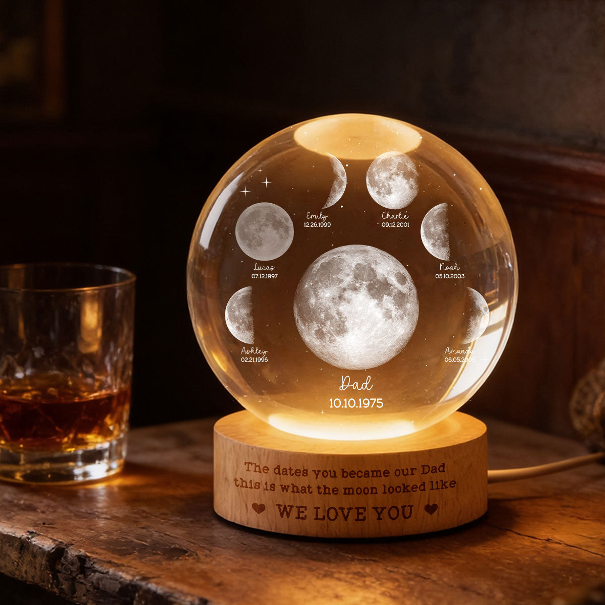 The Date You Became Our Dad - Personalized Crystal Ball LED Night Light - Custom Moon Phase by Date,  Gift for Dad, Husband