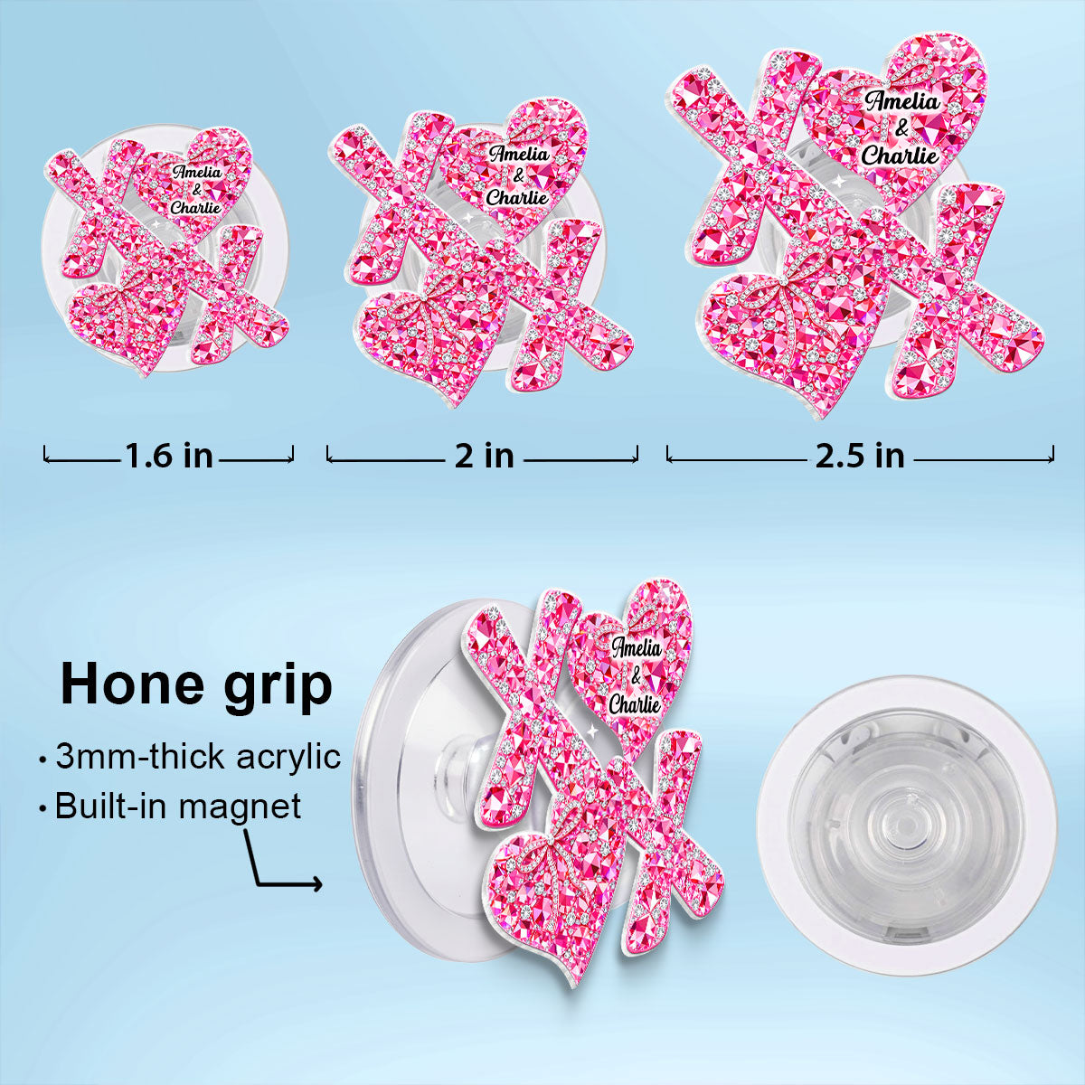 3D Effect Valentine Heart XOXO - Personalized Acrylic Magnetic Phone Grip - Anniversary, Valentine's Day Gift, Gift For Her