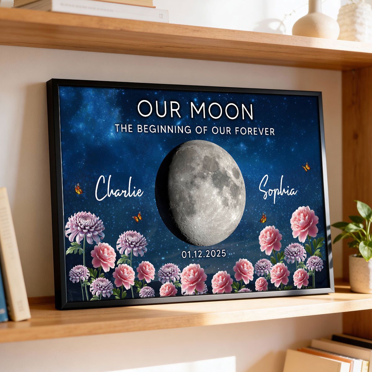 Couple Custom Moon Phase Anniversary Date Birth Month Flowers - Personalized Poster - Valentine's Day Gift For Couple