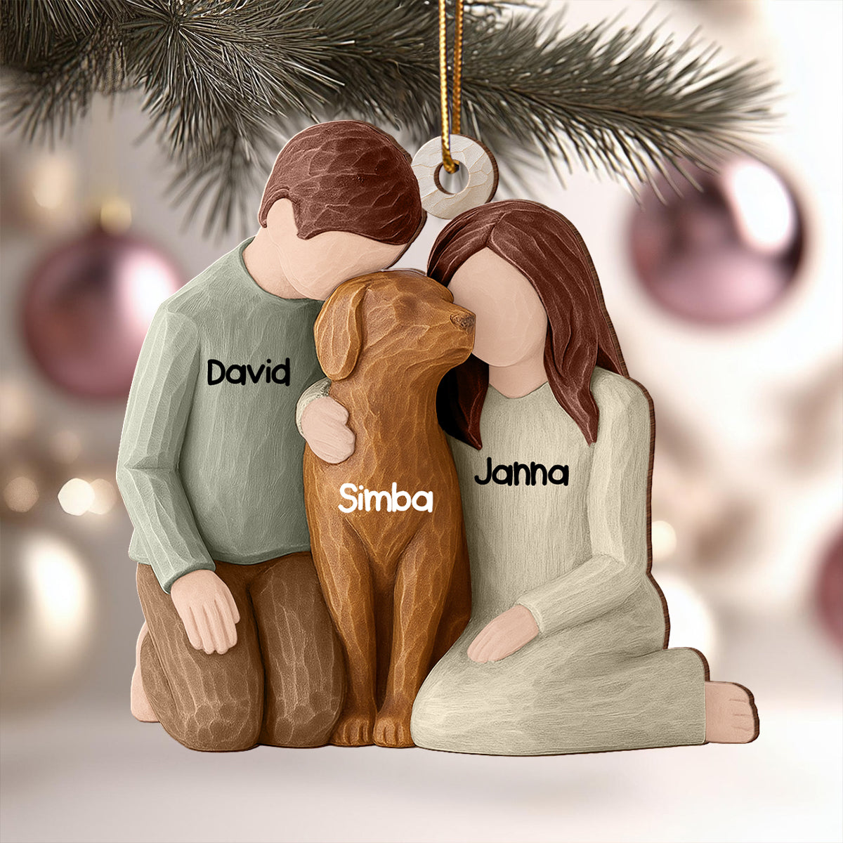 Couple and the Dogs 3D Effect - Personalized Wooden Ornament - Christmas Gift for him, for her