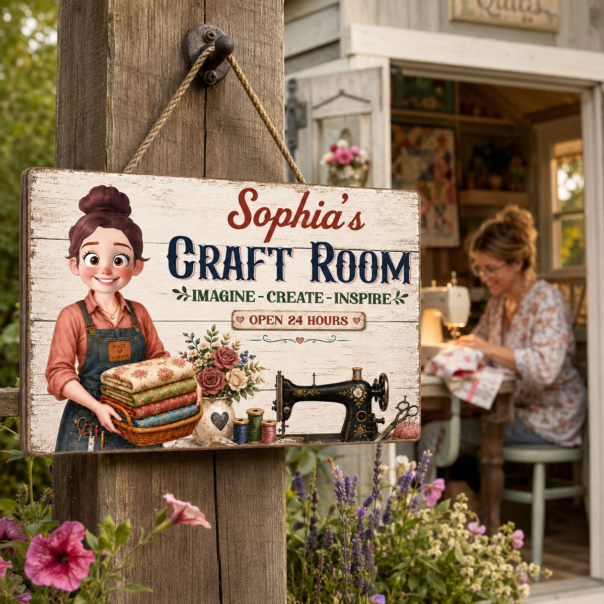 My Sewing Room Imagine Create Inspire Sewing Girl - Personalized Wooden Sign - Craft Room Decor