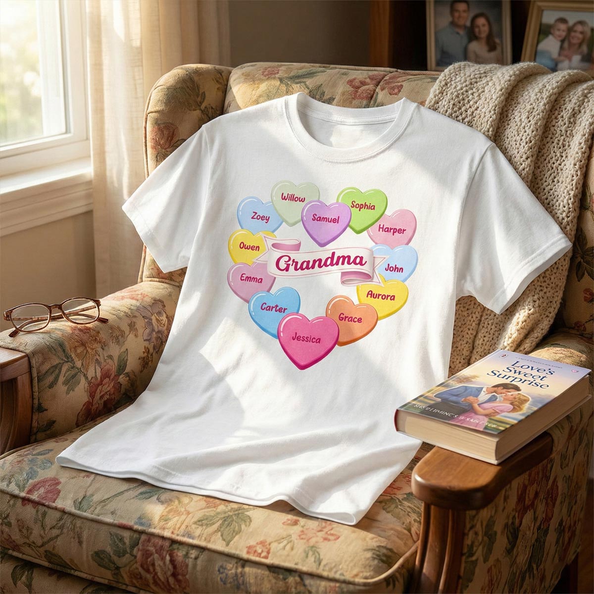 Grandma's Sweethearts Conversation Hearts Grandkids Names Valentine's Day - Personalized Shirt