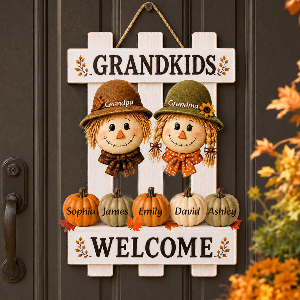 Scarecrow Grandparents Welcome Grandkids 2D Flat - Personalized Wood Sign