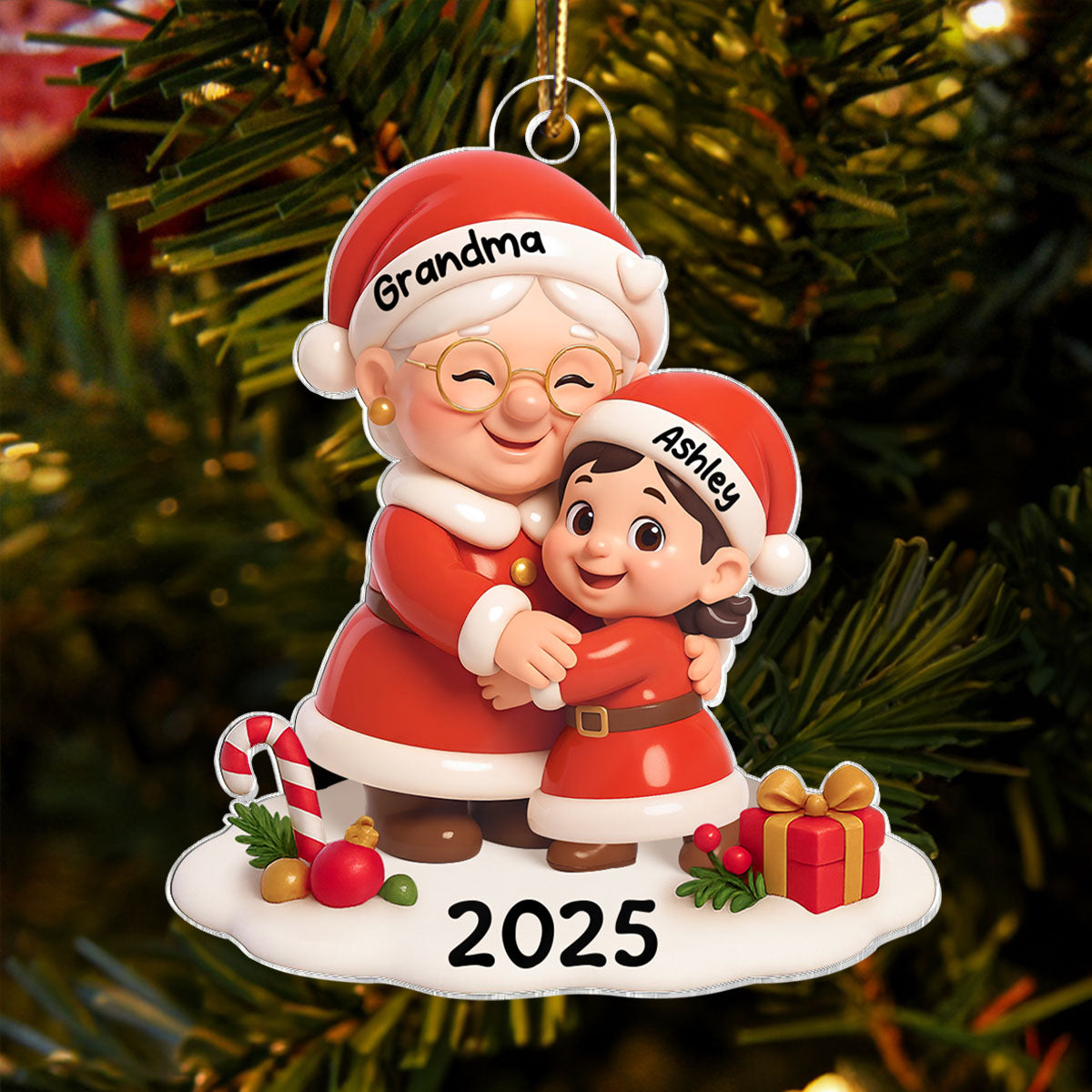 Santa Grandma Hugging Grandkid 3D Effect Personalized Acrylic Ornament, Christmas Gift for Grandson, Granddaughter, Grandma