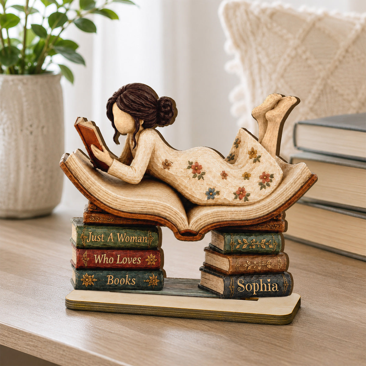 Woman Reading Book 2D Flat - Personalized 2-Layered Wooden Plaque - Gift For Book Lover, Bookworm
