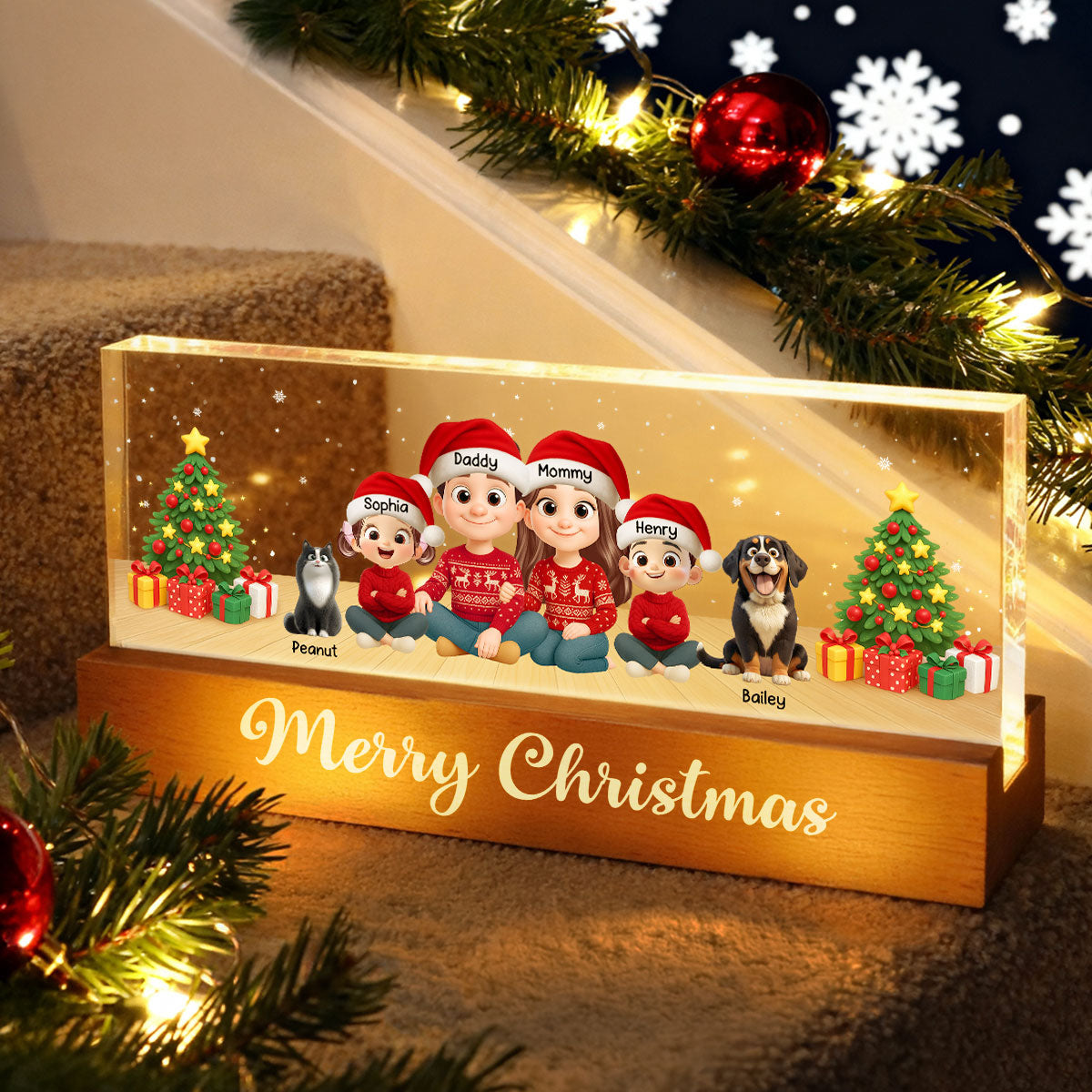 Merry Christmas Family Sitting - Personalized Acrylic Block LED Night Light - Custom Family with Pets, Holidays Gift for Husband, Wife
