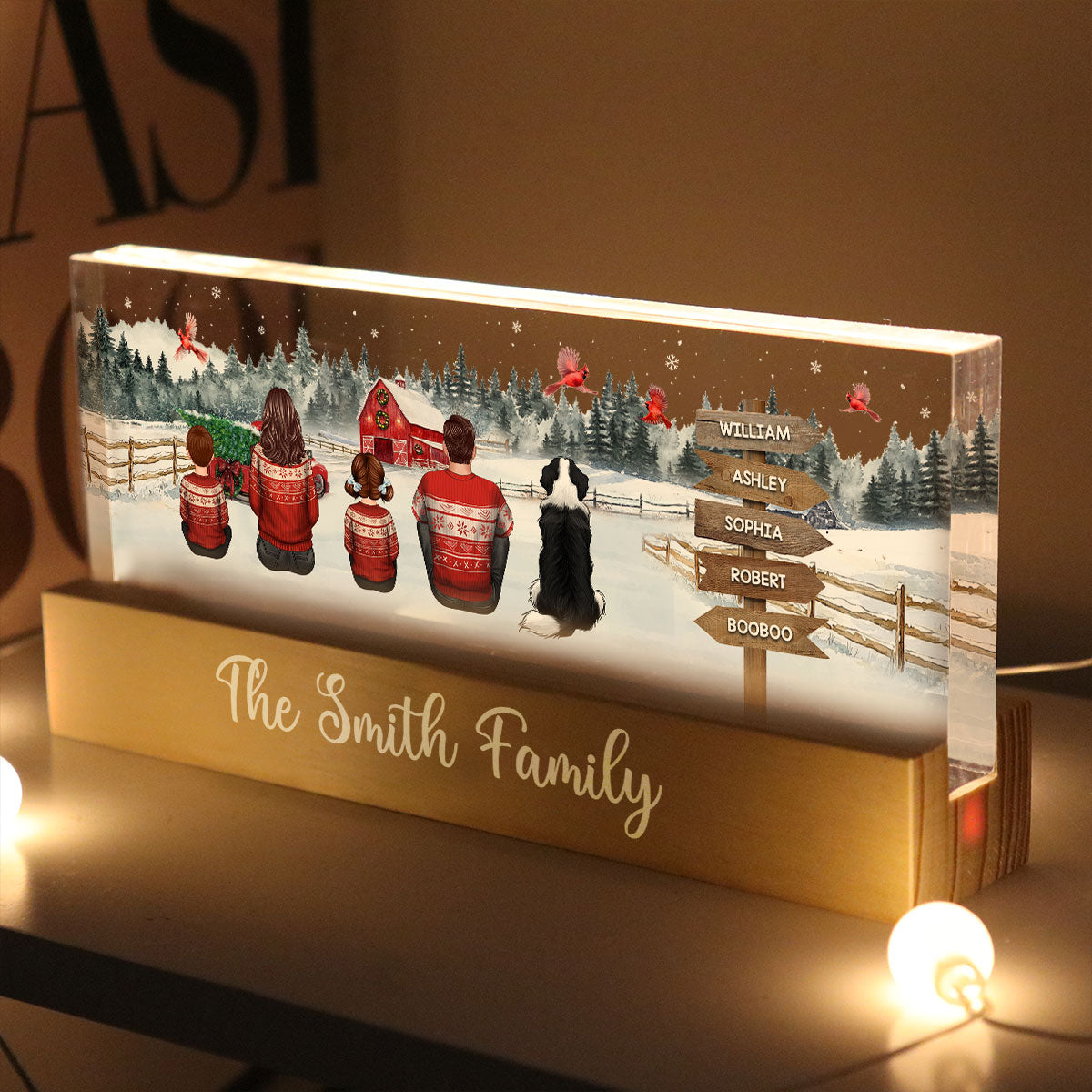 Christmas Family Sitting Truck Red Barn Personalized Acrylic Block LED Night Light