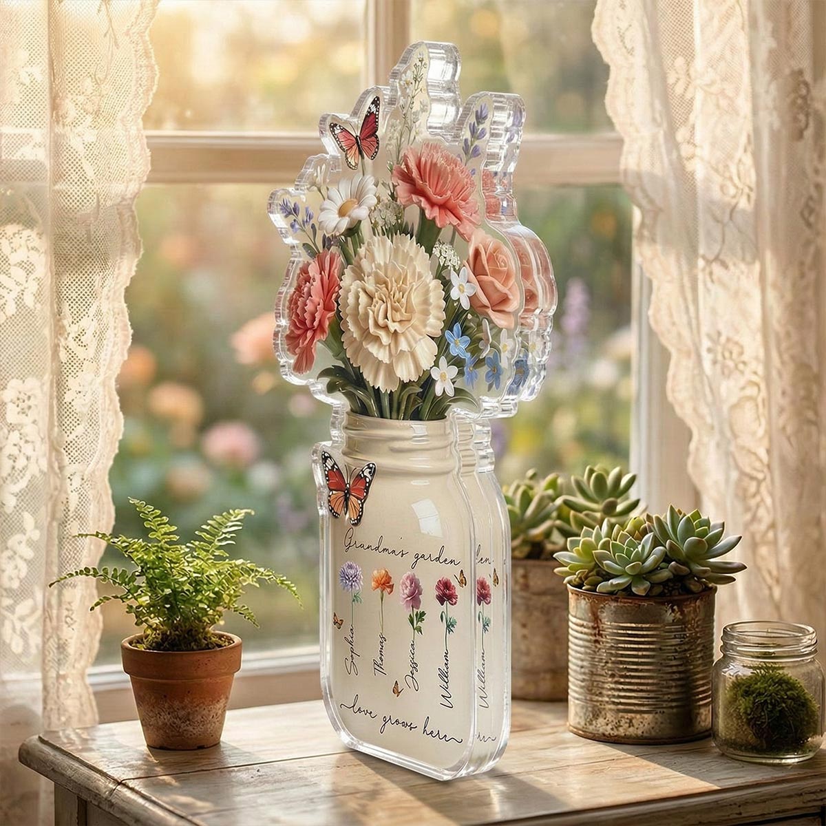 Grandma's Garden Flower Jars Birth Flowers 2D Flat - Personalized Acrylic Block Plaque - Mother's Day Gift For Grandma