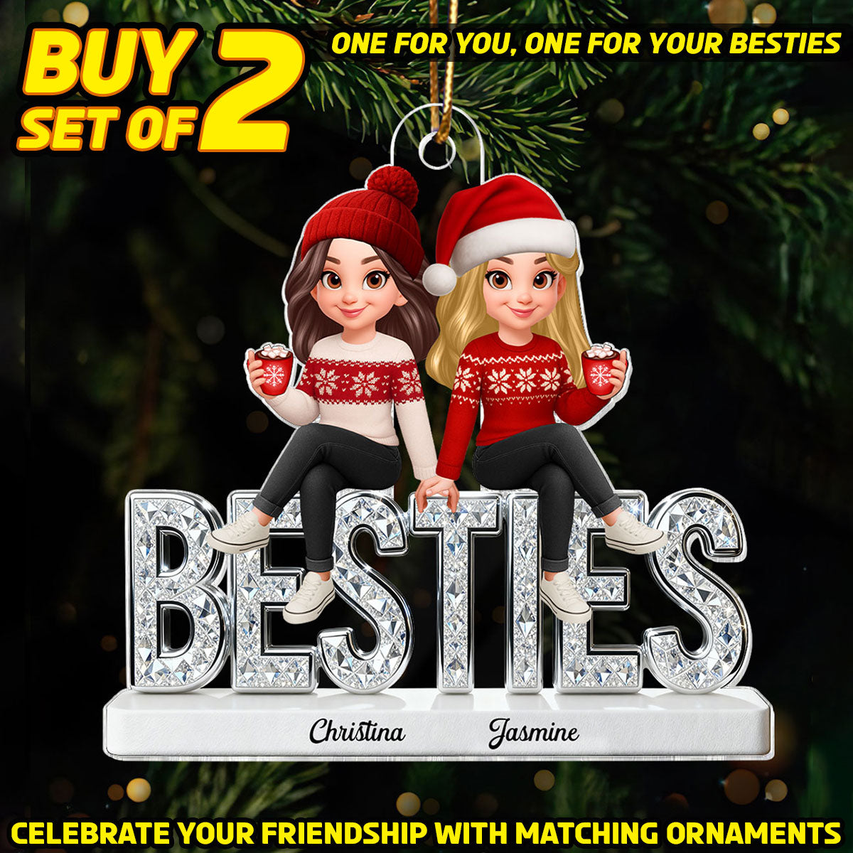 3D Shinning Effect Besties - Personalized Acrylic Car Hanger - Heartwarming Gift For Best Friends, Matching Group Ornaments