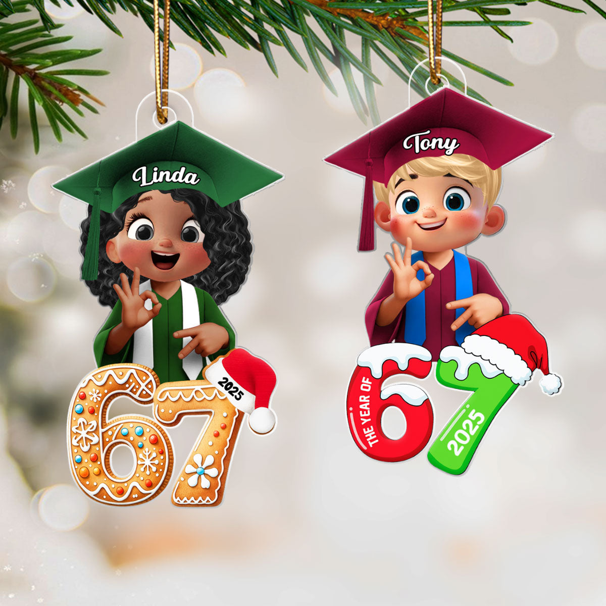 Christmas Pattern Senior Custom Six Seven 67 - Personalized Acrylic Ornament - Teen Slang Funny Tree Decor, Funny Teen Grandkid Gift