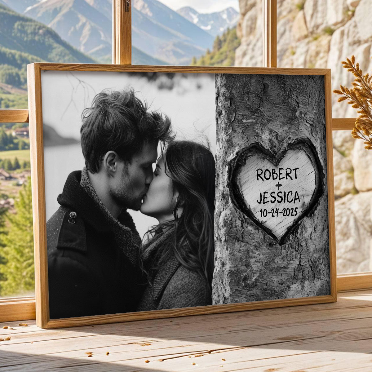 Couple Custom Photo Heart Carved Tree - Personalized Poster - Anniversary Gift, Valentine's Gift For Him, For Her