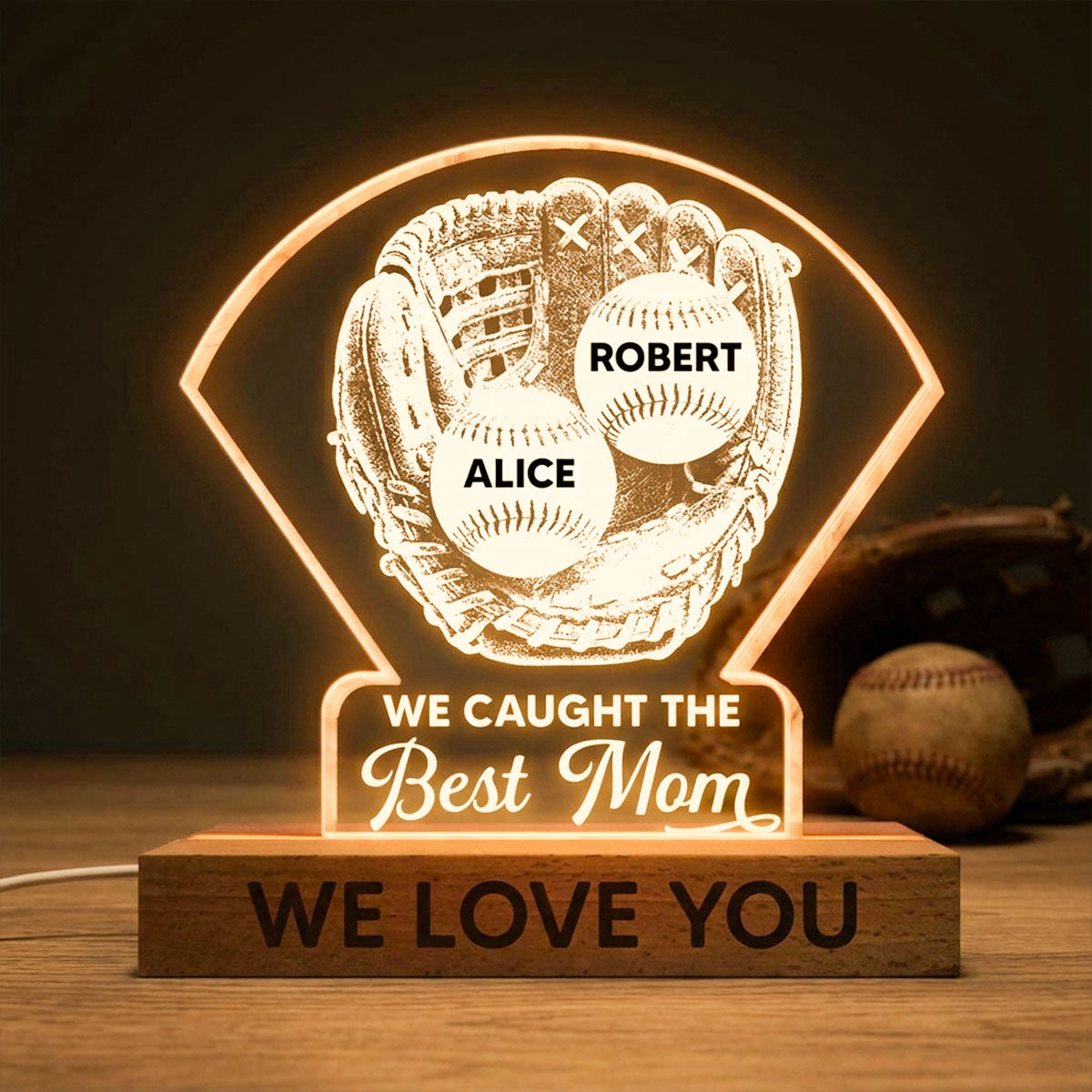 Baseball Glove We Caught The Best Mom - Personalized Acrylic Block LED Night Light - Mother's Day Gift For Baseball Mom