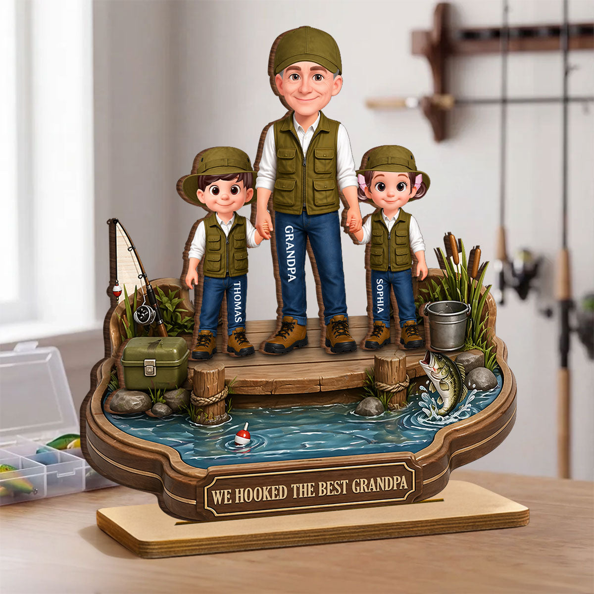 Grandpa's Little Fishing Partners - Personalized 2-Layered Wooden Plaque - Heartfelt Gift For Fishing Grandpa