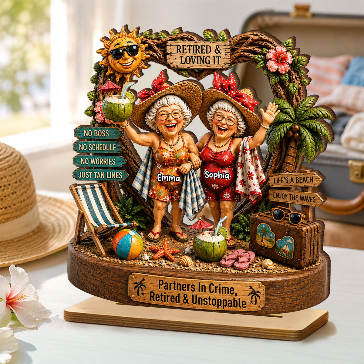 Partners In Crime Retired & Unstoppable Besties - Personalized 2-Layered Wooden Plaque - Meaningful Gift For Best Friends