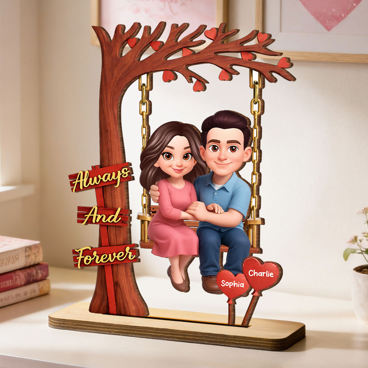 Always And Forever Couple On Swing - Personalized 2-Layered Wooden Plaque - Anniversary, Valentine's Day Gift, Gift For Him, Gift For Her
