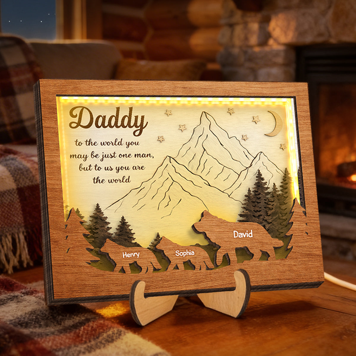 Daddy to Us You Are the World - Personalized 2-Layered Wooden Plaque LED Night Light - Sentimental Gift for Dad, Husband