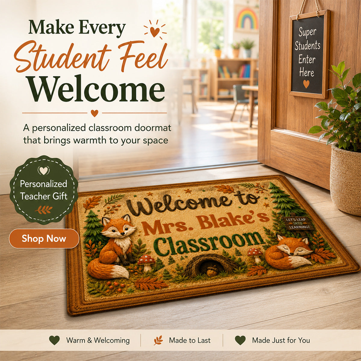 Woodland Animals Teacher Welcome - Personalized Doormat - Back To School Gift