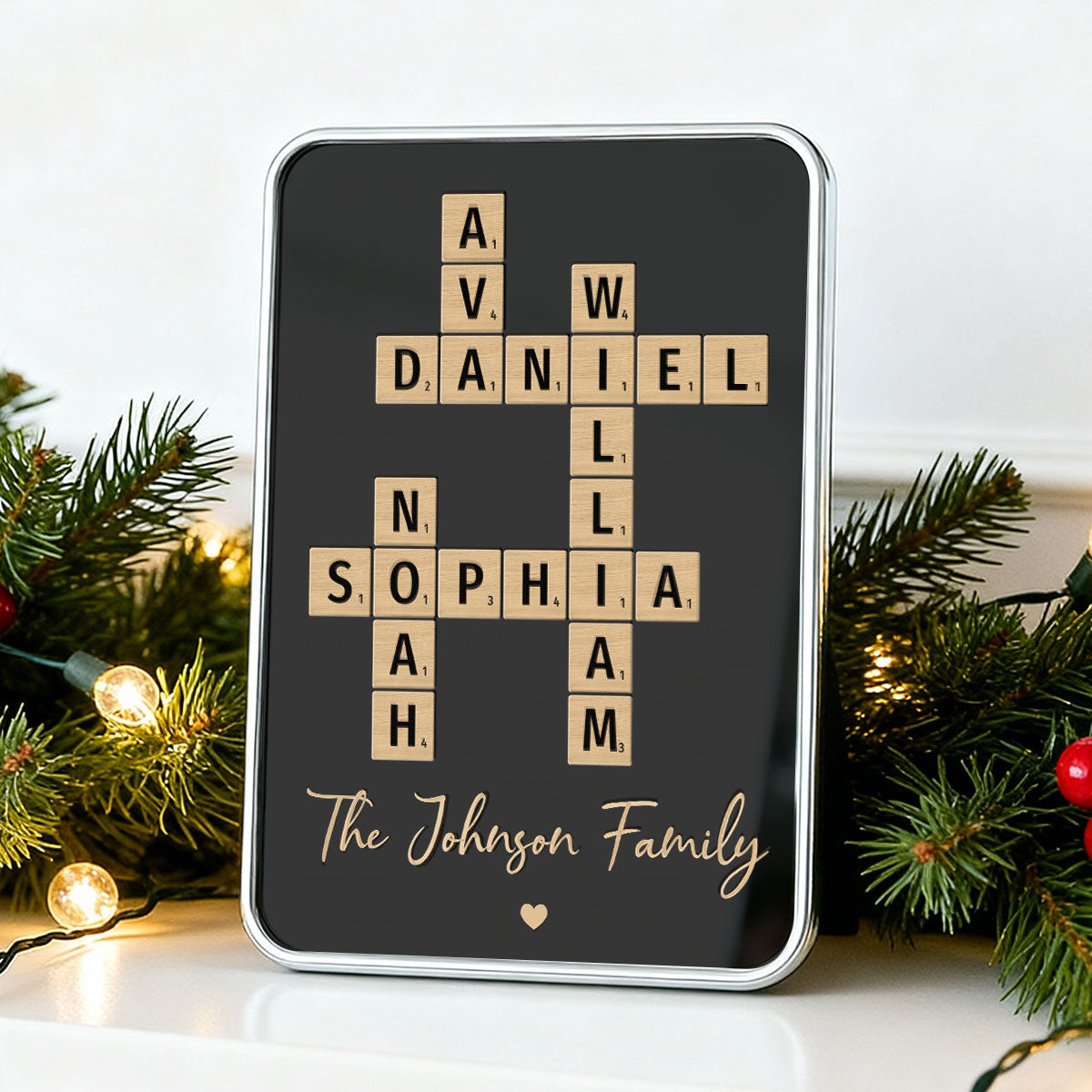 Family Names Crossword Puzzle Art - Personalized Mirrored Picture Frame - Christmas Gift For Family