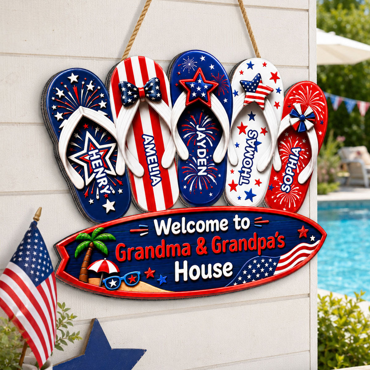 Welcome To Grandma Grandpa House Summer America 250th Anniversary - Personalized Wood Sign - Gift For Grandparents, 4th of July Decoration