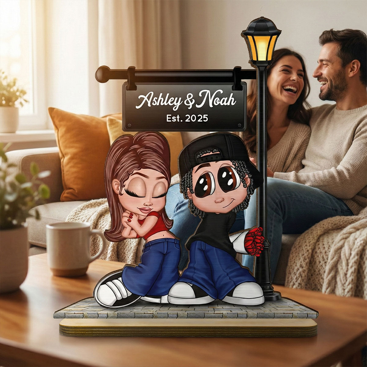 Eternal Love Y2K Couple Under Street Lamp Post - Personalized 2-Layer Wooden Plaque - Gift For Couple, Gift For Him, For Her