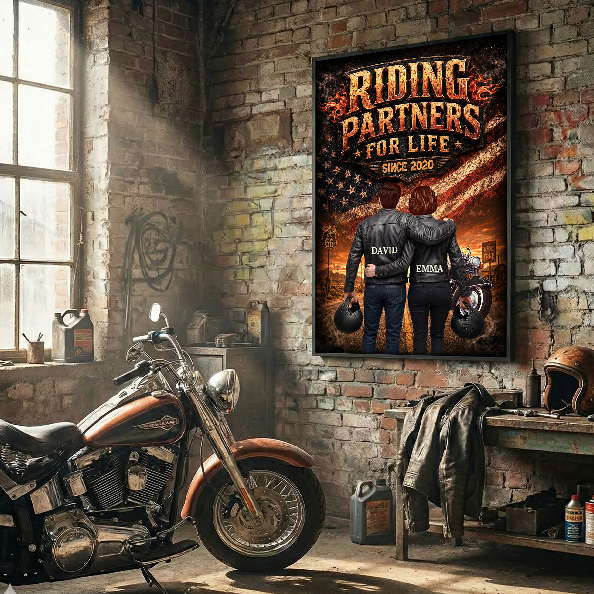Bikers Couple Riding Partners for Life Nation Flag - Personalized Poster - Heartfelt Gift for Him, for Her