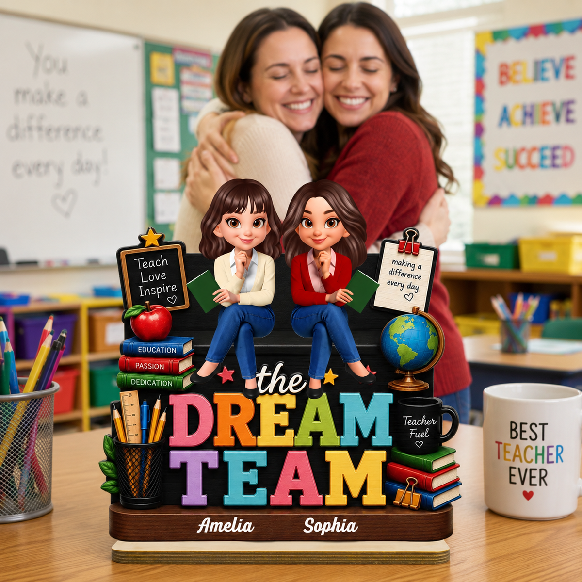 Beautiful Teacher Dream Team - Personalized 2-Layered Wooden Plaque - Back To School Gift For Teacher, Classroom Decor