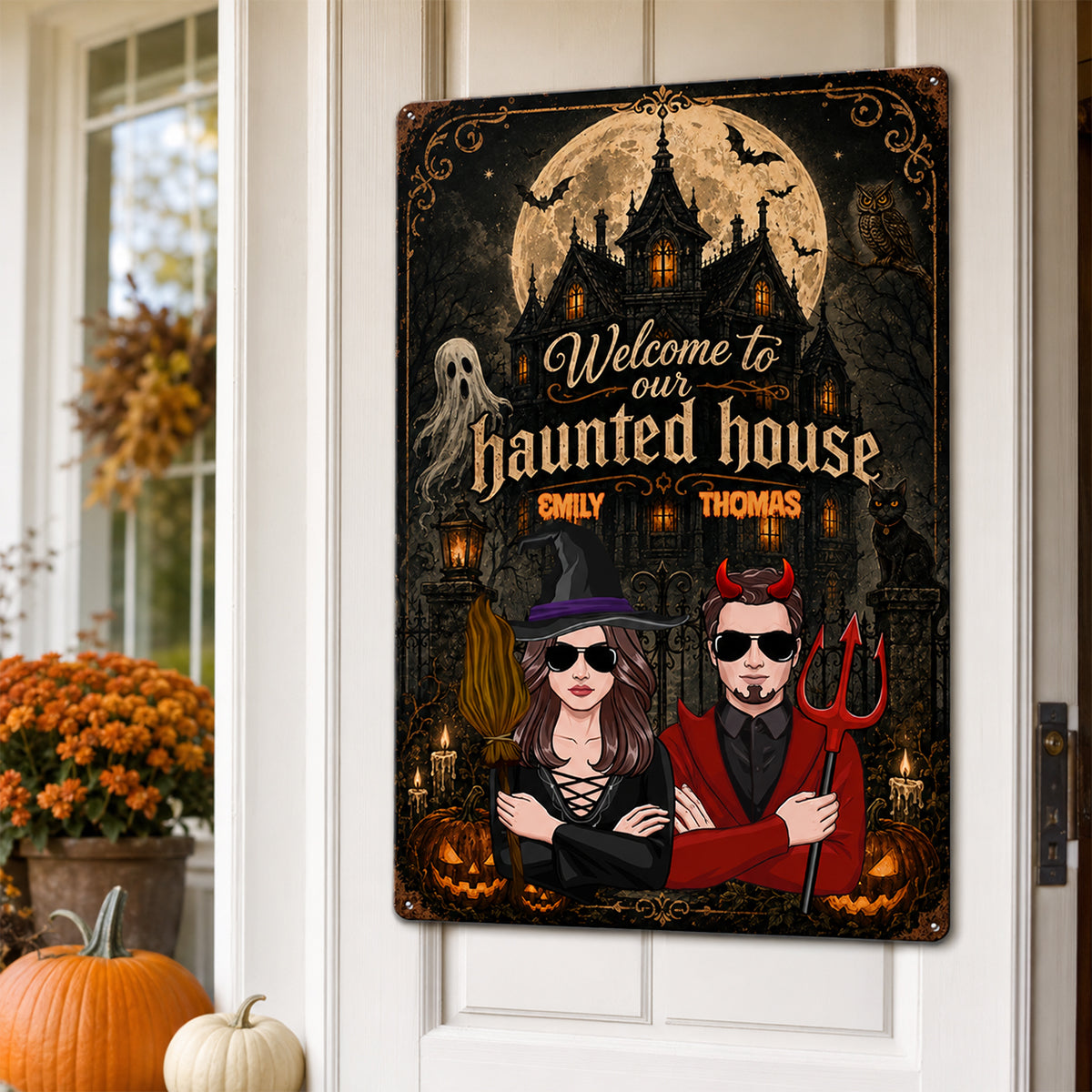 Welcome to Our Haunted House - Personalized Metal Sign - Halloween Decor for Couples