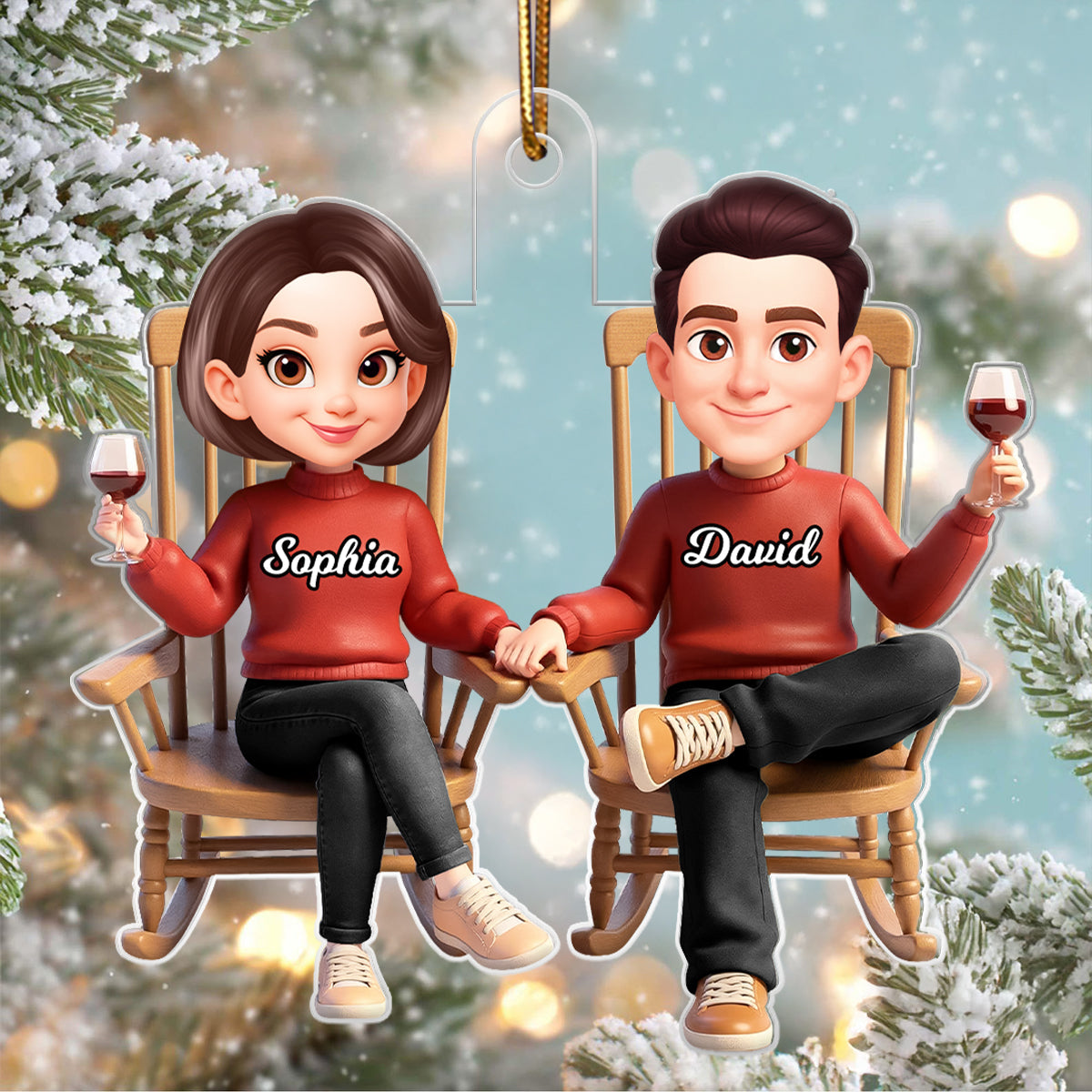 His and Hers Cartoon Couple Sitting on Rocking Chair - Personalized Acrylic Ornament - Christmas Gift for him, Gift for her