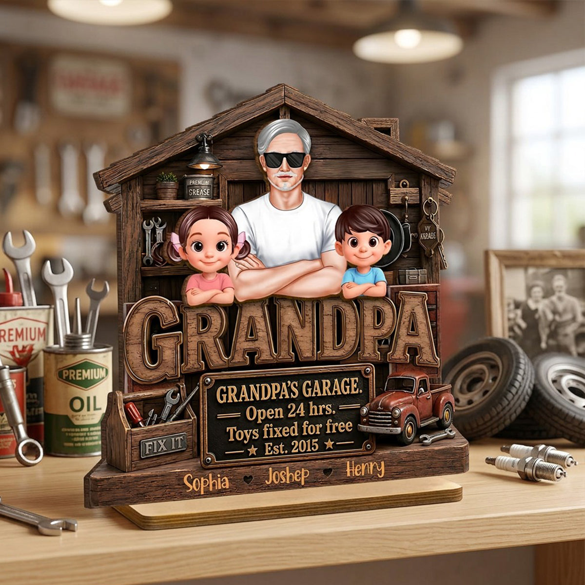 Grandpa's Garage - Personalized 2-Layered Wooden Plaque -  Gift for Dad, Grandpa, Husband