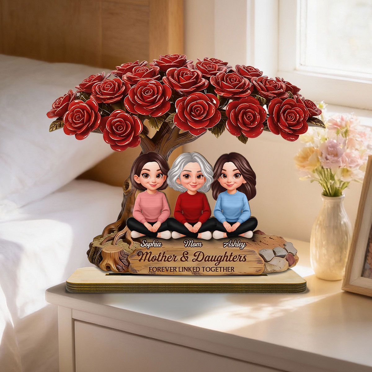 Vintage Rose Tree Mom And Daughter Son - Personalized 2-Layered Wooden Plaque - Gift For Mom