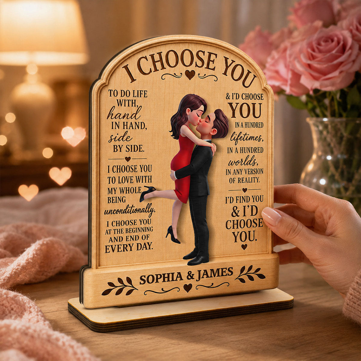 I Choose You Couple Couple Hugging Kissing 2D Flat - Personalized 2-Layered Wooden Plaque - Anniversary Gift Keepsake For Couples