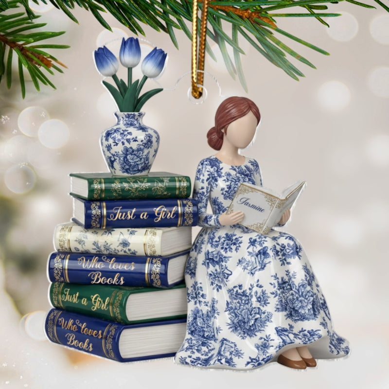 3D Effect Girl Reading Books Toile De Jouy Pattern - Personalized Acrylic Ornament - Christmas Gift For Book Lover, Bookworm