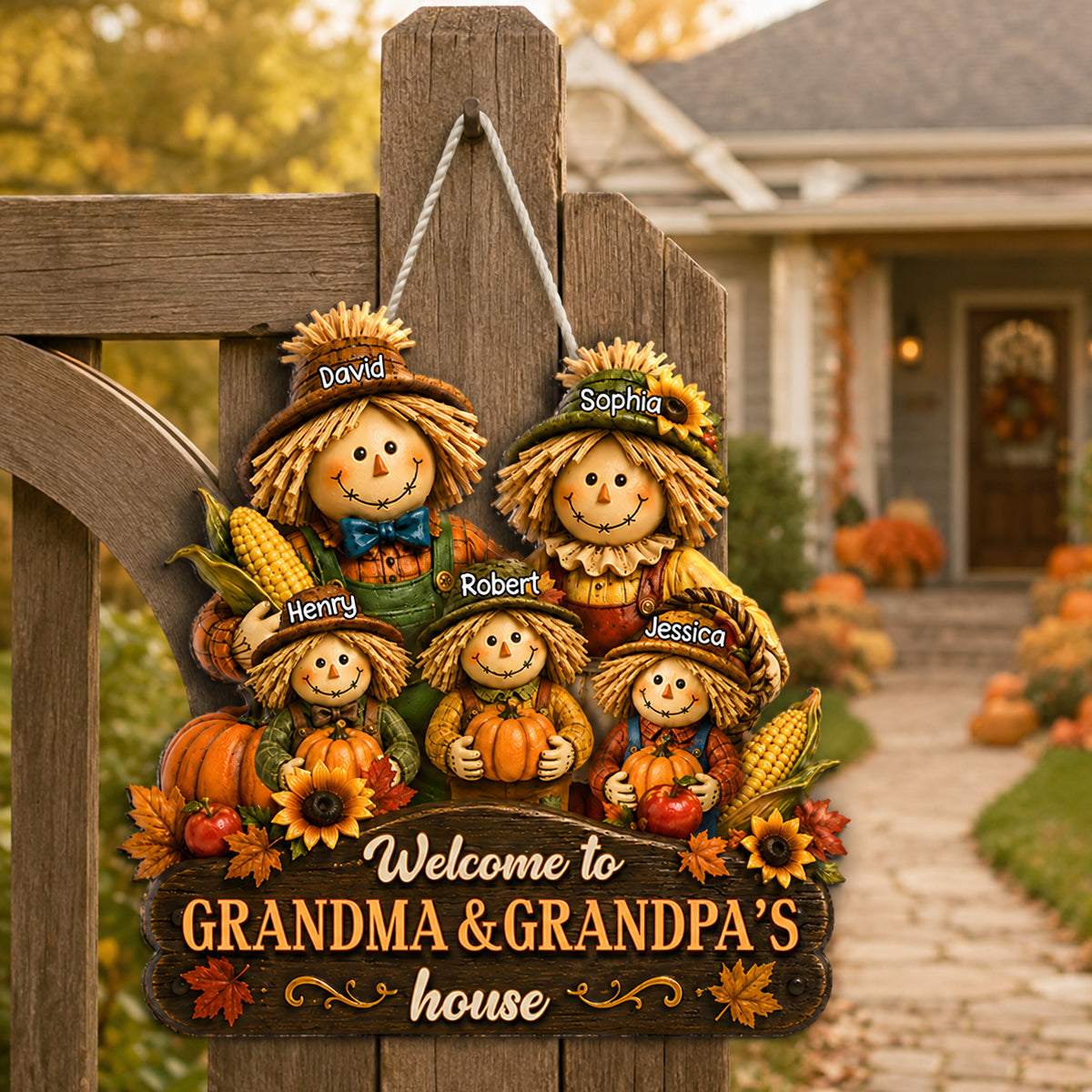 Welcome to Grandma Grandpa's House Scarecrow - Personalized Door Hanger - Fall Thanksgiving Decor