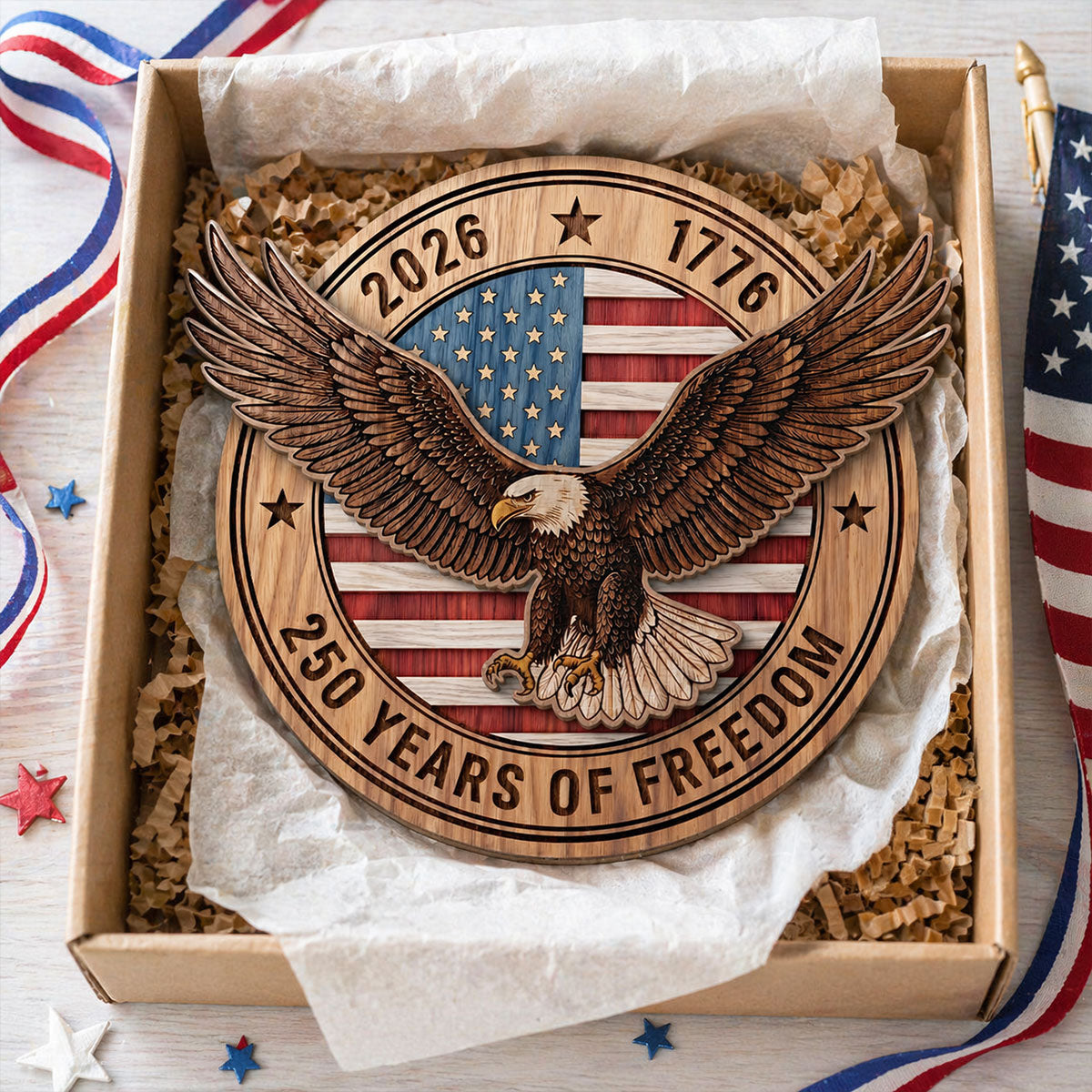 United States 250th Anniversary Eagle & American Flag - Personalized 2-Layered Wooden Plaque - America 250th Anniversary Emblem American Patriot Home Decor