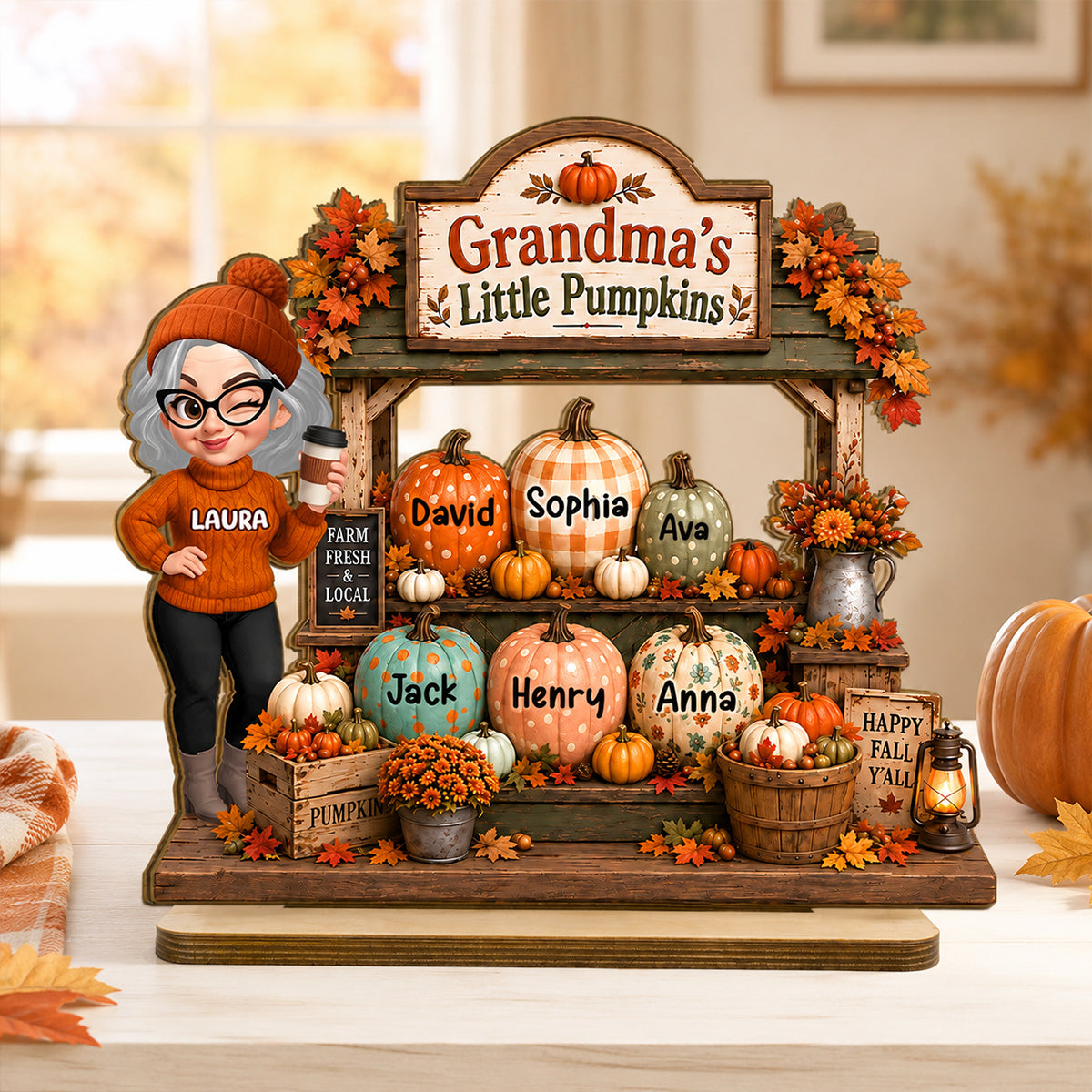 Rustic Fall Shelf Sitter Grandma - Personalized 2-Layered Wooden Plaque - Fall Season Decor Gift, Gift For Grandma