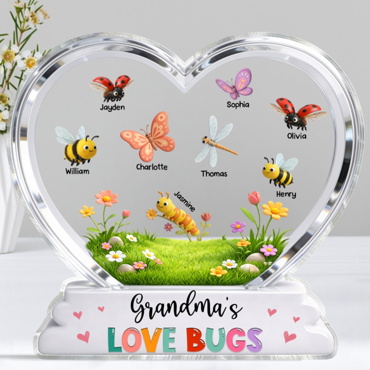 Grandma's Love Bugs Custom Grandkids Name - Personalized Acrylic Block Plaque - Mother's Day Gift For Grandma, Mom