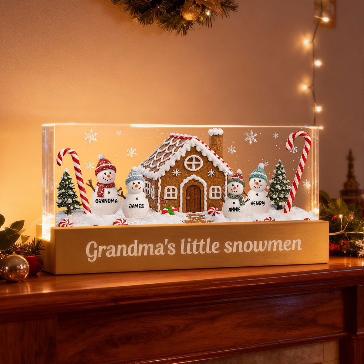 3D Effect Grandma's Little Snowmen In Snow - Personalized Acrylic Block LED Night Light - Christmas Decor For Grandma, Family