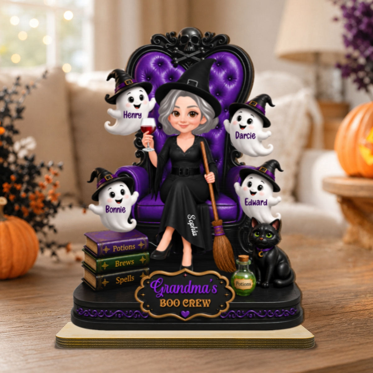Grandma Witch Sitting On Chair 2D Flat - Personalized Wooden Plaque - Halloween Decoration