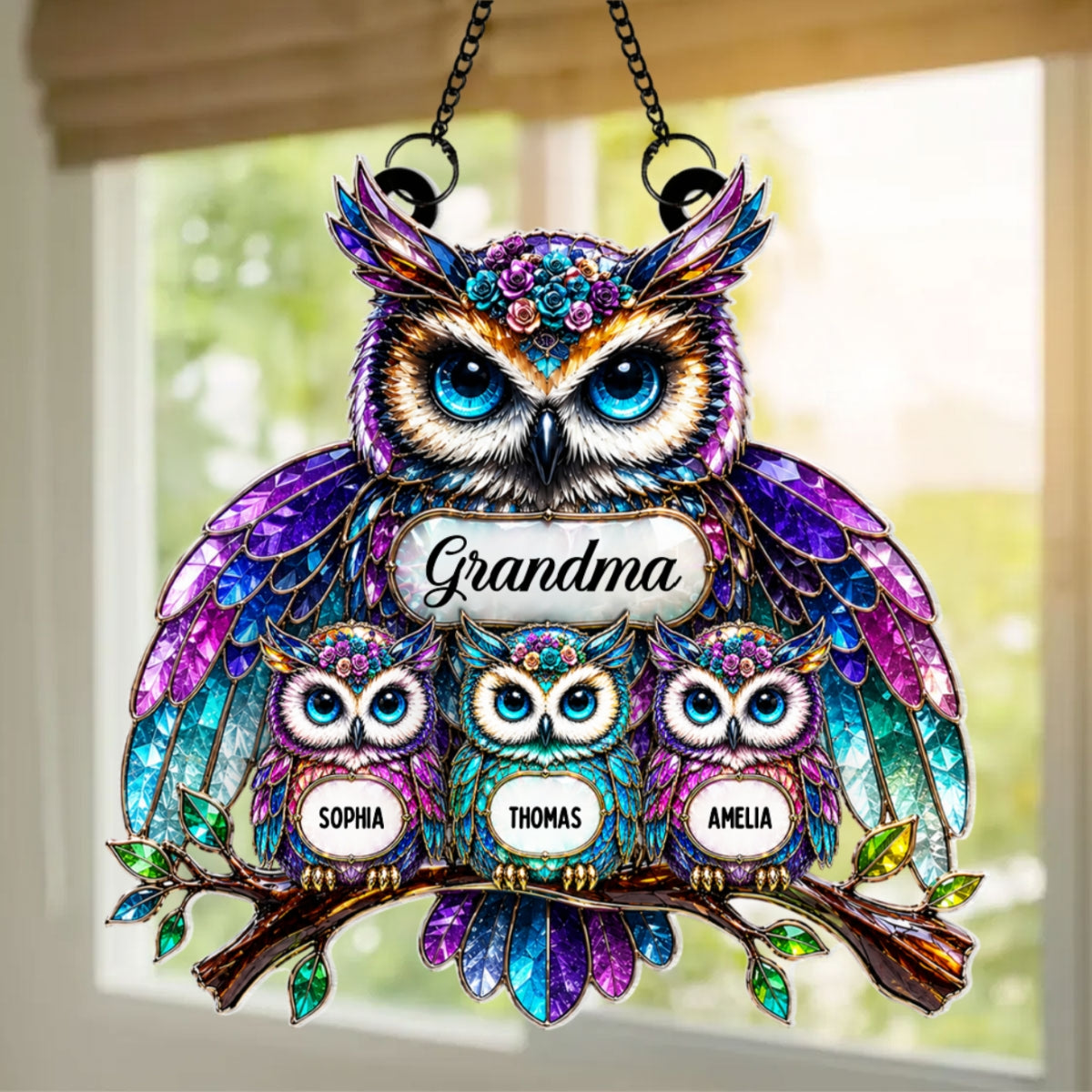 Grandma Owl - Personalized Window Hanging Decor - Halloween Decor for Grandma