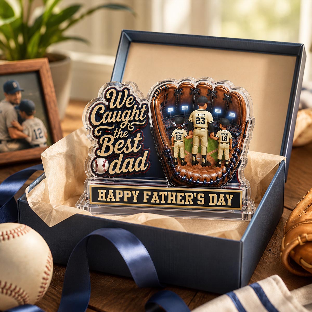 We Caught The Best Dad Dad & Kids In Glove 2D Flat - Personalized Acrylic Block Plaque - Happy  For Baseball Dad
