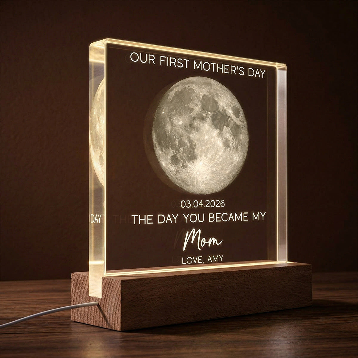 The Day You Became My Mom Custom Moon Phase First Mother's Day - Personalized Acrylic Block Plaque LED Night Light - First Mother's Day Gift For New Mom