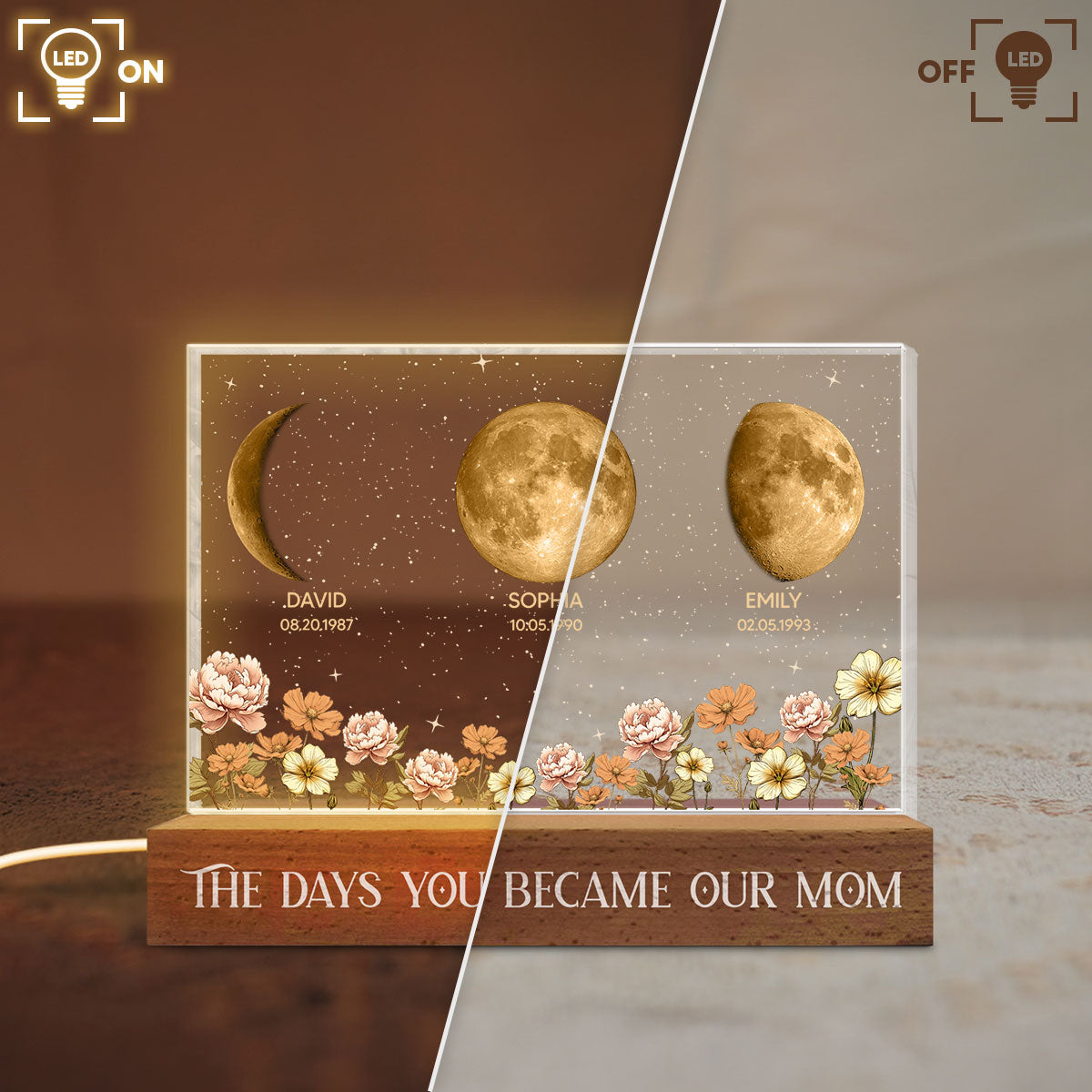 The Day You Became Our Mom Custom Moon Phase by Date - Personalized Acrylic Block LED Night Light, Custom Birth Flowers
