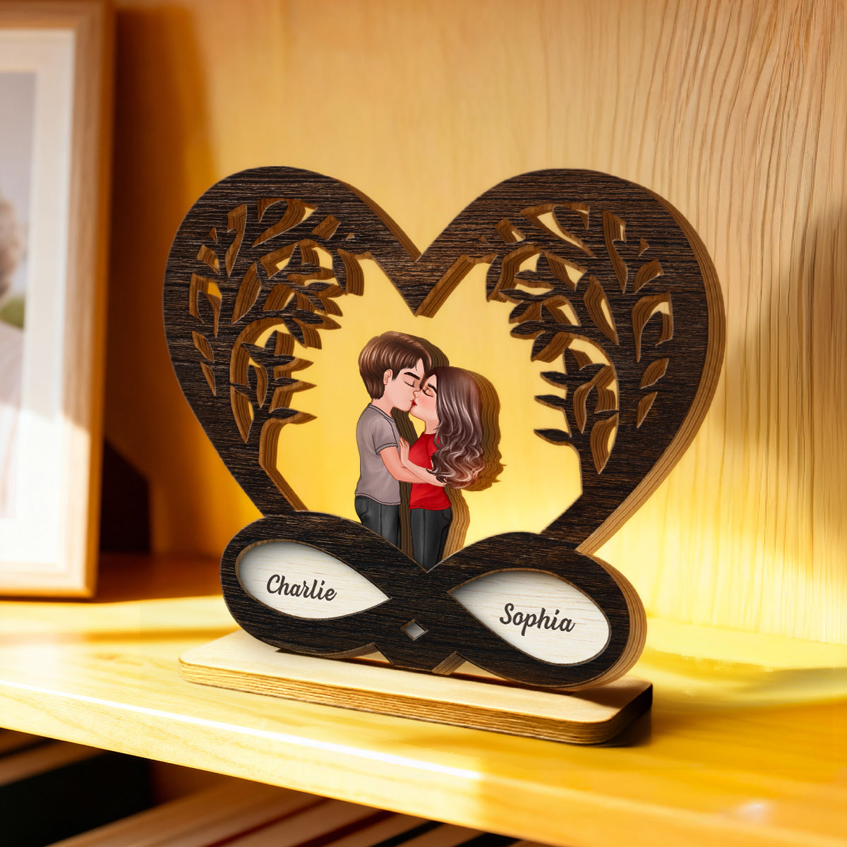 Couple Kissing Under Tree Rustic Infinity Heart - Personalized 2-Layer Wooden Plaque - Valentine's Day, Anniversary Gift For Him, For Her