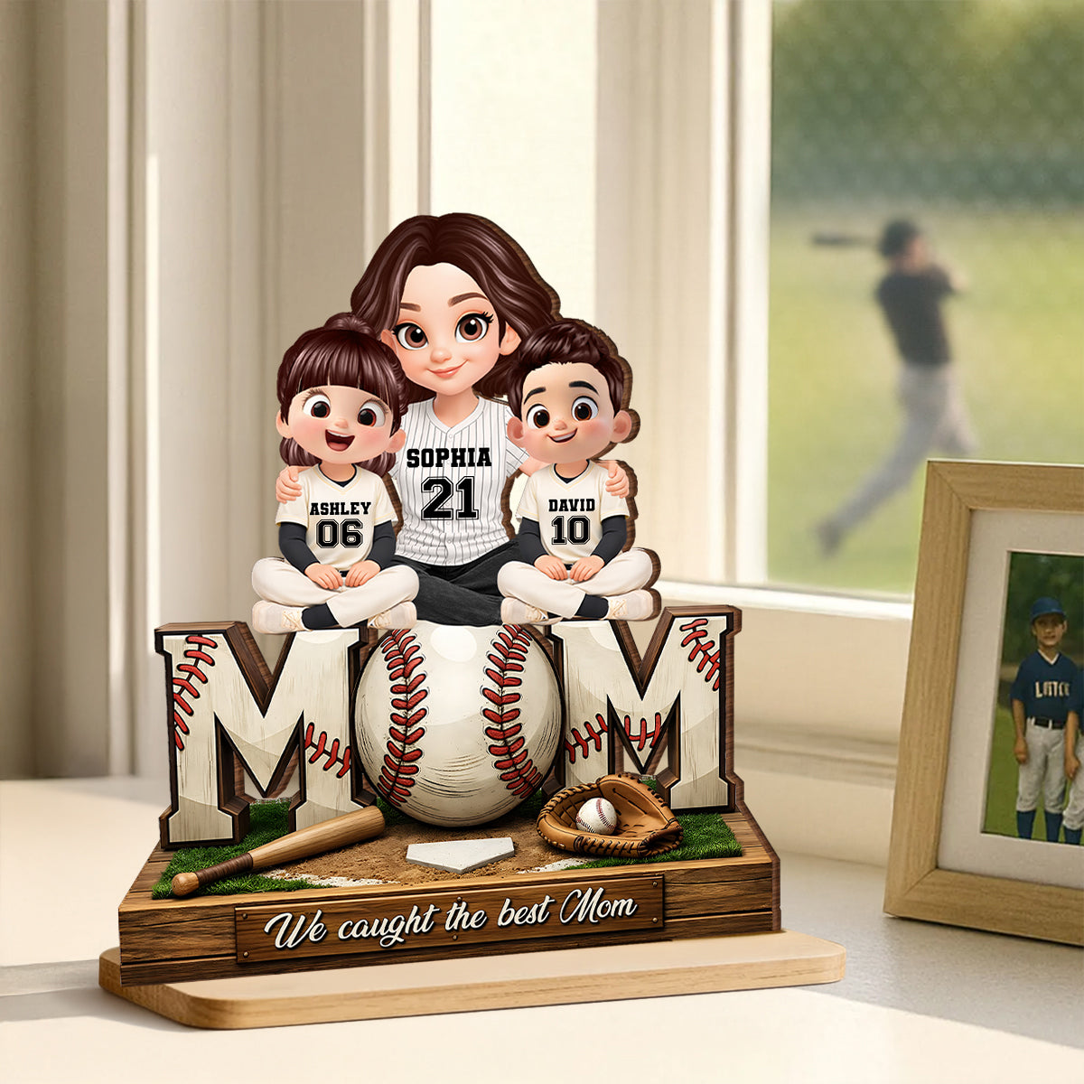 Baseball Mom and Kids We Caught the Best Mom - Personalized 2-Layered Wooden Plaque - Heartfelt Gift for Mom