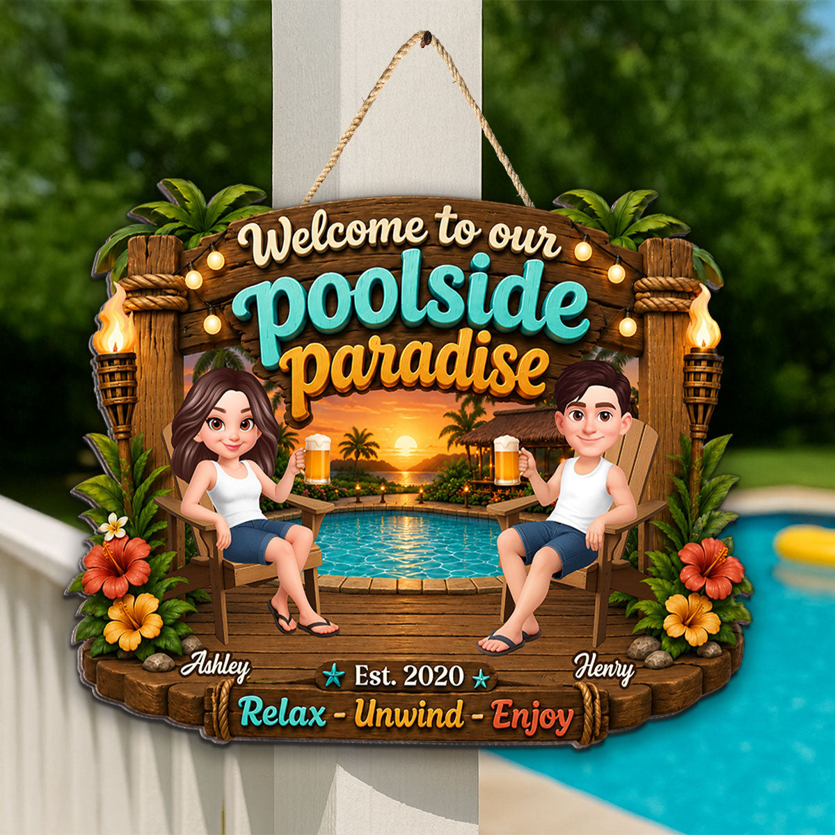 Welcome To Our Poolside Paradise Summer - Personalized Wood Sign - Gift For Couple, Summer Decoration