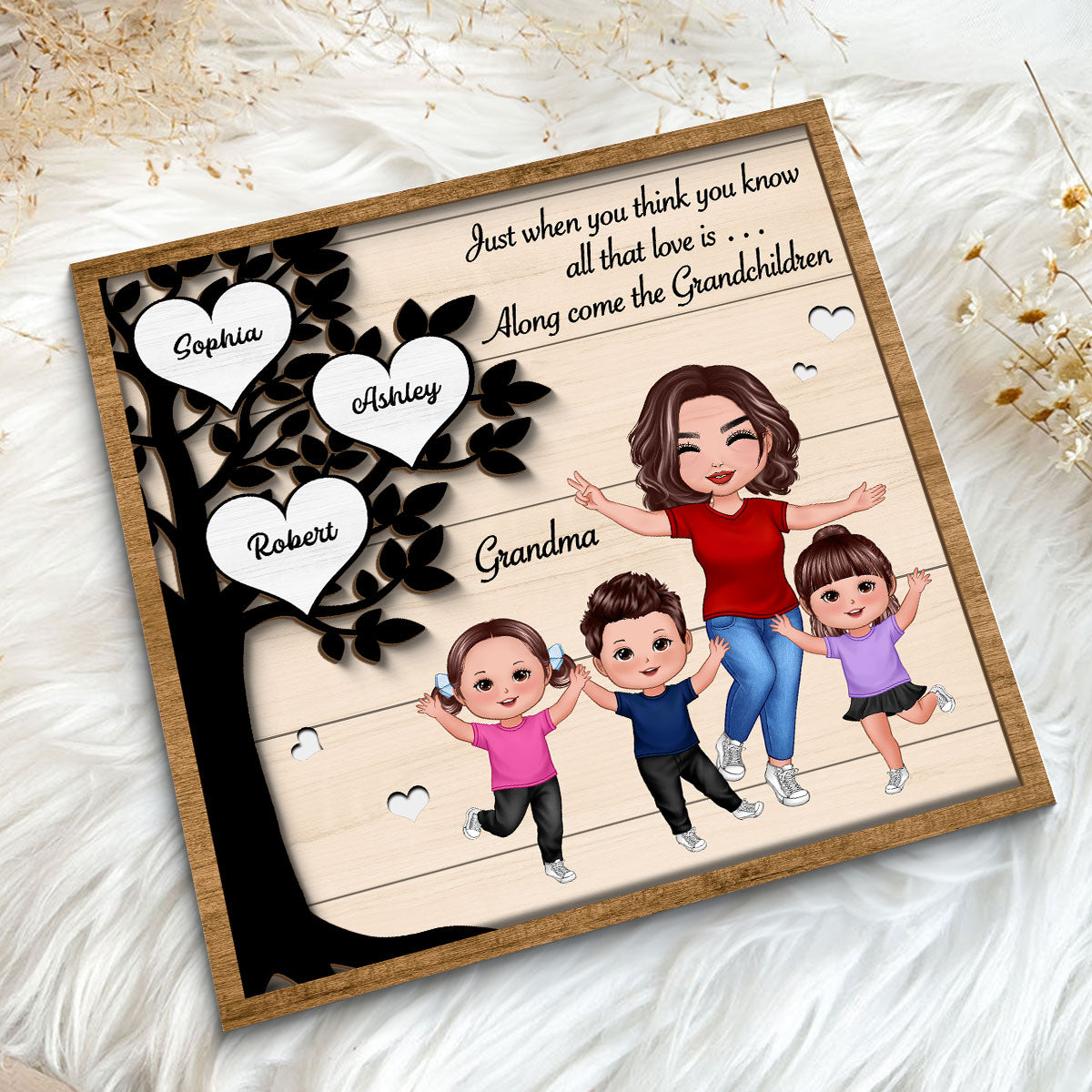 Love Come Along With Grandchildren Heart Tree Happy Grandma Grandkids Personalized 2-Layer Wooden Plaque